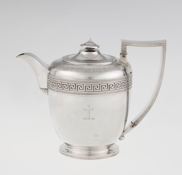 Teapot by John Emes fl. 1796–1808, goldsmith. Ovoid Georgian/George III teapot on a circular base