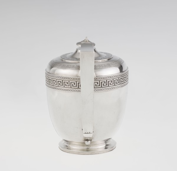 Teapot by John Emes fl. 1796–1808, 1806–1807, London, England. Ovoid teapot on a circular base with