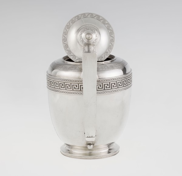 Teapot, maker: John Emes fl. 1796–1808. Ovoid silver teapot on a circular base with lid;