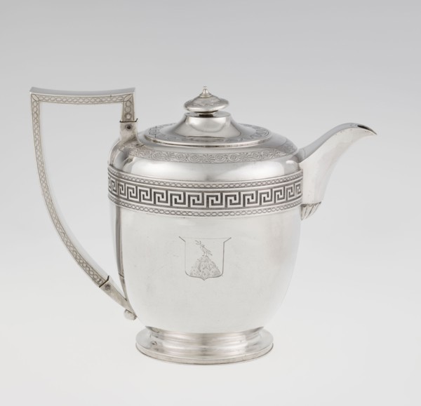 Teapot by John Emes fl. 1796–1808, English silver, c. 1806–1807. Ovoid teapot on a circular base