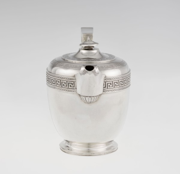 Teapot by John Emes fl. 1796–1808, goldsmith. Ovoid teapot on a circular base with lid; height 17.9