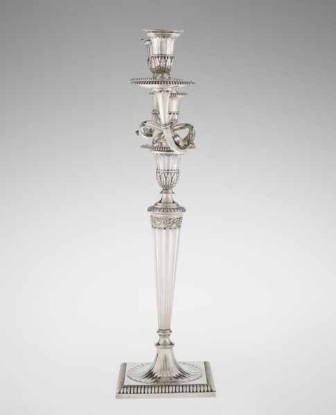 Classicist Two-Armed Candelabra, Schofield, John fl. 1776–1796 goldsmith, classicism style, godron
