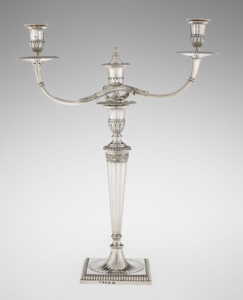 Classicist Two-Armed Candelabra, Schofield, John fl. 1776–1796 goldsmith, classicism, godron