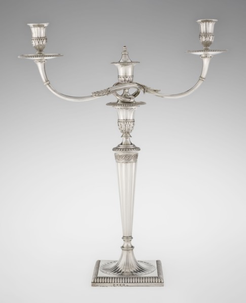 Classicist Two-Armed Candelabra, by John Schofield fl. 1776–1796, goldsmith;