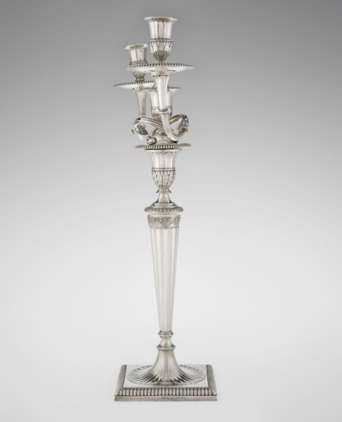 Classicist Two-Armed Candelabra, Schofield, John fl. 1776–1796 goldsmith, classicism style, godron