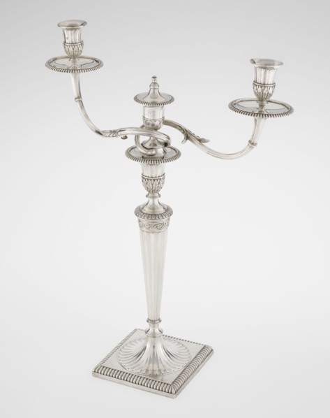 Classicist two-armed candelabra by John Schofield fl. 1776–1796, goldsmith. Classicism/Georgian
