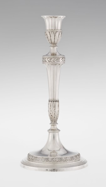 Single-candle candlestick by John Schofield fl. 1776–1796. Classicism/Georgian style with acanthus