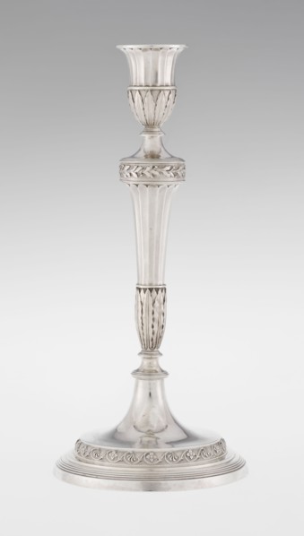 Single-candle candlestick by John Schofield fl. 1776–1796. Classicism/Georgian style with acanthus