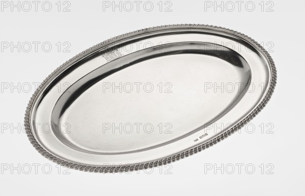 Oval platter, goldsmith/silversmith/dealer maker, purchase, scrap - purchase; features coats of