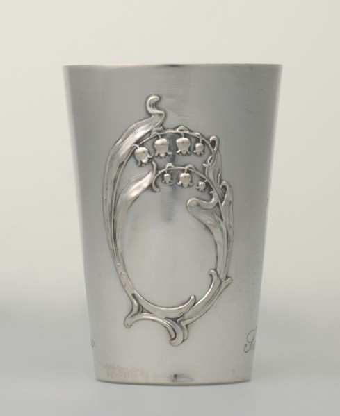 Art Nouveau conical mug by Jezler & Co Schaffhausen; silversmith; established 1822. Relief ornament