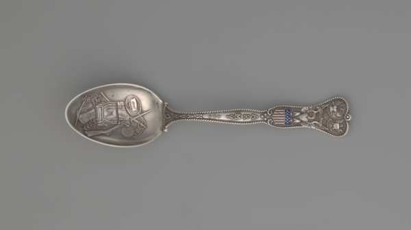 Souvenir spoon, Gorham Mfg. Co. goldsmith's manufactory; fl. 1865-. Souvenir spoon with an ovoid