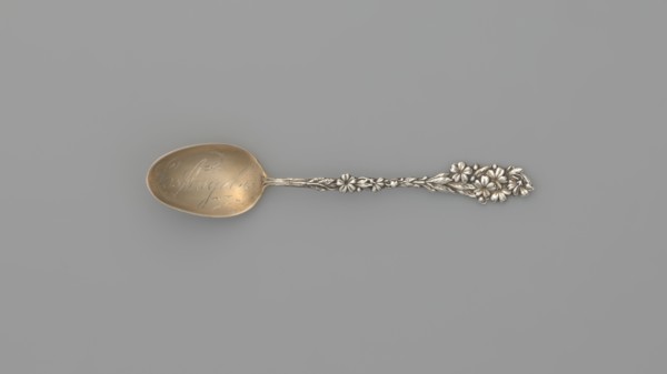 Spoon, Wallace & Sons Mfg. Co. fl. 1871- maker, Souvenir spoon with an ovoid scoop, gilded with an