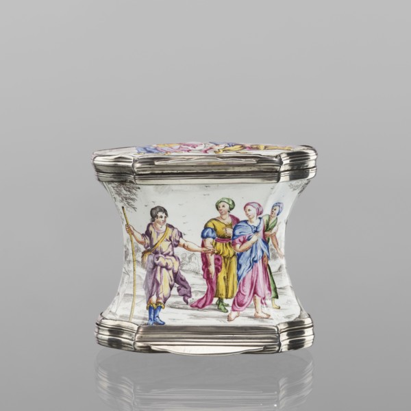 Double snuffbox, enameller LZ France?; fl. ca. 1700. Double-sided snuffbox, tall, narrowed halfway