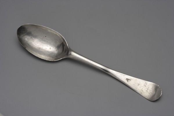 Table spoon with shooting brotherhood emblem, Hermann, Christoph fl. ca. 1740–1778, goldsmith,