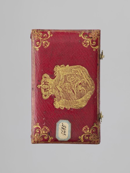 Chamberlain's key case, Rectangular key case with a hinged cover and two clasp hooks. Trimmed with