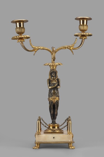 Two-candle candelabra depicting Egyptian women, early 19th century, France, unknown locality;