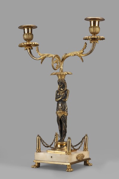 Two-candle candelabra depicting Egyptian women, early 19th century, France, unknown locality; for