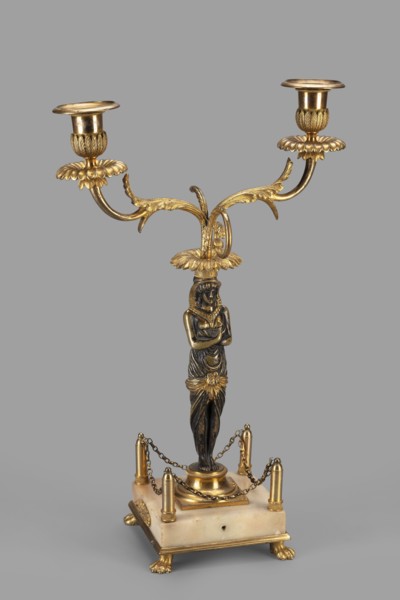Two-candle candelabra, depicting Egyptian women, early 19th century, possibly France, lighting;