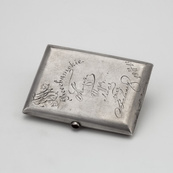 Cigarette case, scrap metal, Art Nouveau style, decorated with bats. Rectangular cigarette case