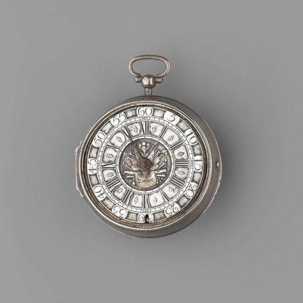 Pocket watch by Isaac Angot fl. ca. 1698–1723. Smooth hemispherical case; silver dial with Roman