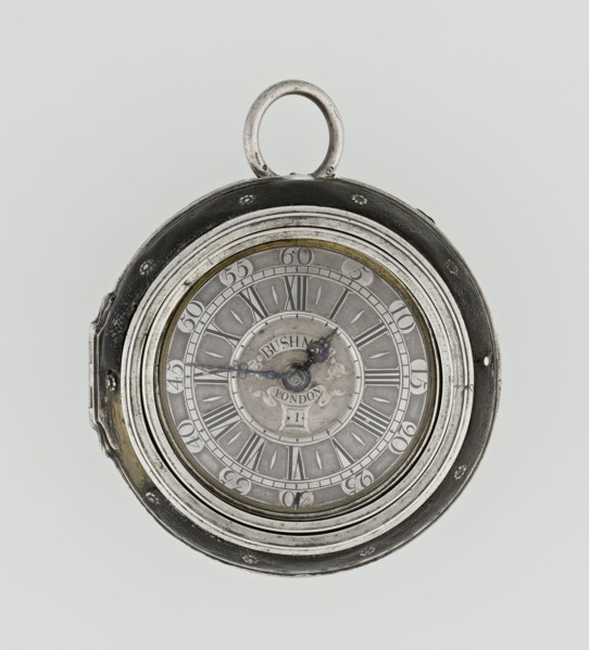 Pocket watch by John Bushman 1692–1720. Silver pocket watch in three cases: outer case covered with