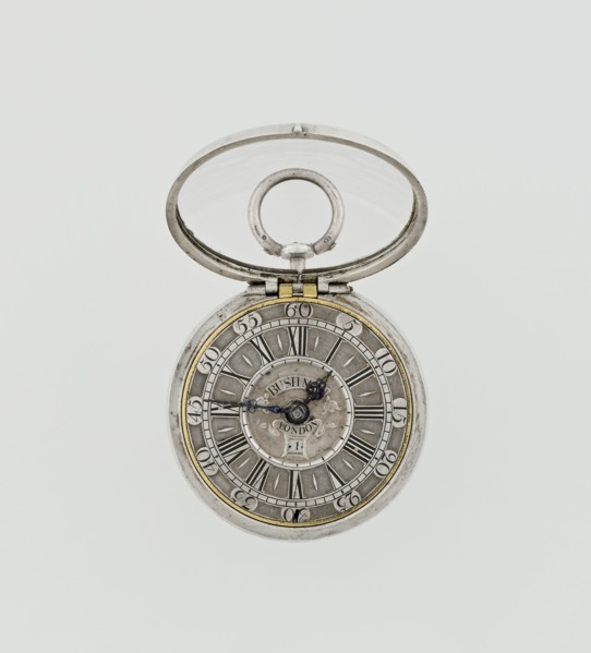 Pocket watch by John Bushman 1692–1720. Silver pocket watch in three cases: outer case covered with