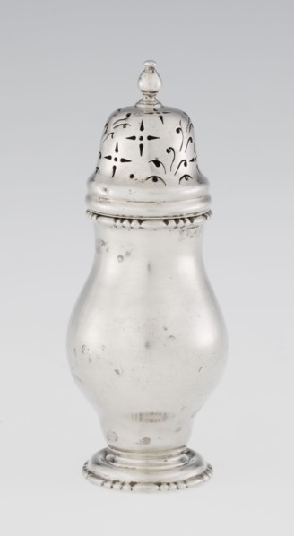 Powdered sugar bowl, pear-shaped on a circular profiled foot, with a domed openwork cover topped