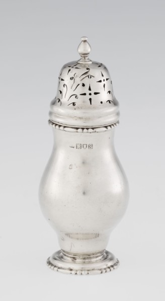 Powdered sugar bowl, pear-shaped on a circular profiled foot, with a domed openwork cover topped