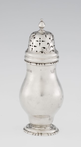 Powdered sugar bowl; pear-shaped powdered sugar bowl on a circular profiled foot, with a domed