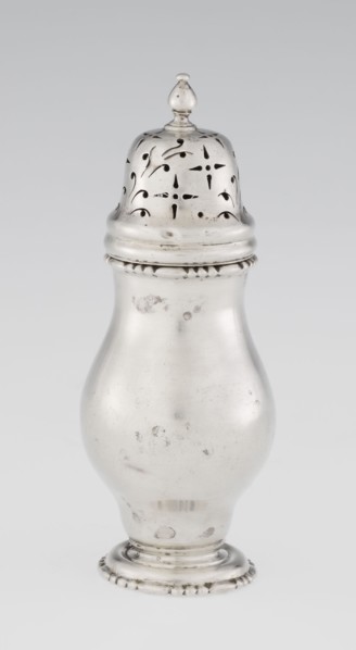 Powdered sugar bowl, powdered sugar bowl with domed openwork cover topped with a bowl; pear-shaped