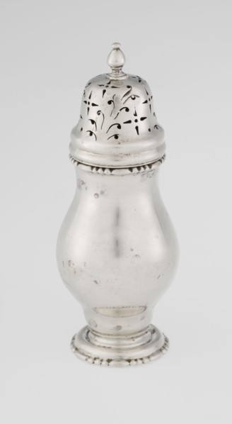 Powdered sugar bowl, powdered sugar bowl with domed openwork cover topped with a bowl; pear-shaped