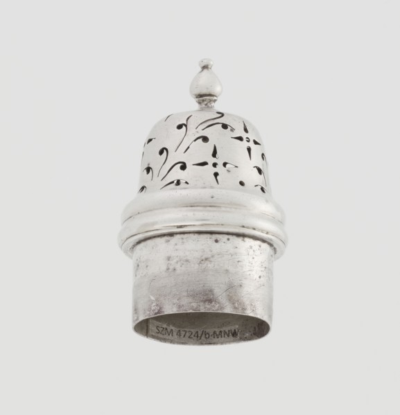 Powdered sugar bowl, pear-shaped on a circular profiled foot, with a domed openwork cover topped