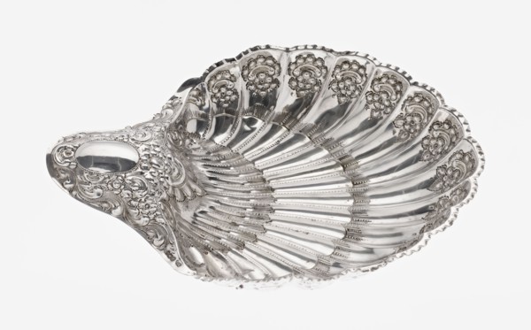 Shell-shaped silver platter by Atkin Brothers Silversmith Ltd Sheffield; goldsmith and silversmith