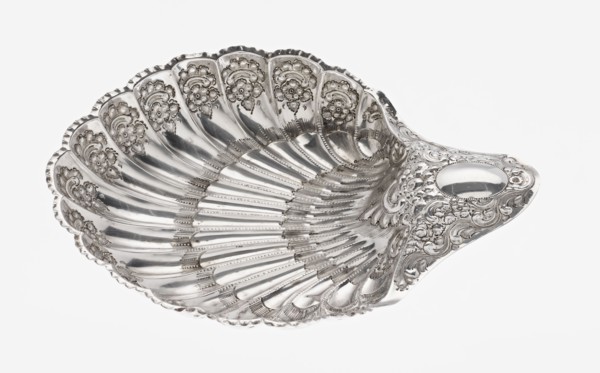 Shell-shaped silver platter by Atkin Brothers Silversmith Ltd Sheffield; goldsmith and silversmith