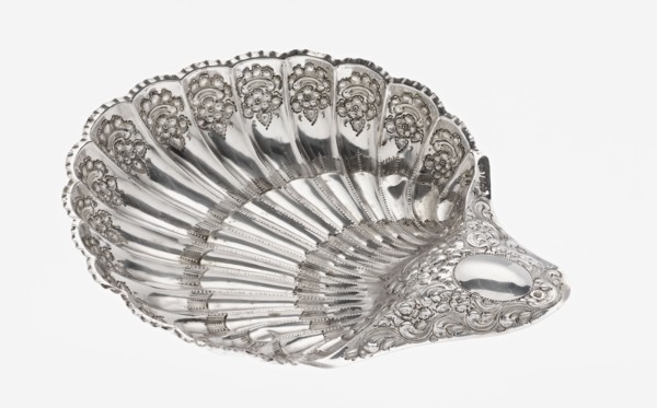 Shell-shaped silver platter by Atkin Brothers Silversmith Ltd Sheffield; goldsmith and silversmith