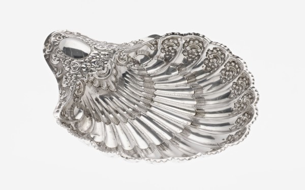 Shell-shaped silver platter by Atkin Brothers Silversmith Ltd Sheffield; goldsmith and silversmith