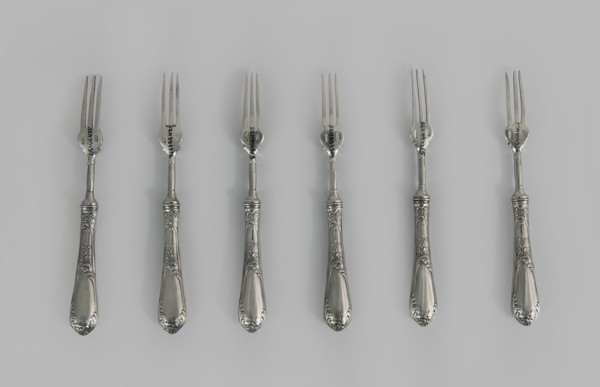 Six fruit forks by Adam Nagalski 1862–1944, 1915–1920, Poland, Warsaw; cutlery; height 16.5 cm,
