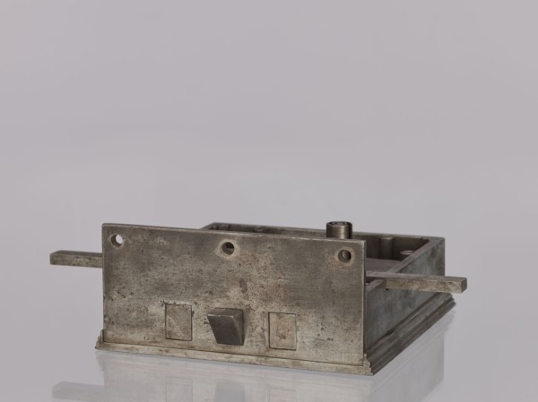 Square-faced door lock with latches and key, made in 1861 by Michal Taszynski fl. 1820–1838.