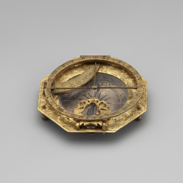 Equatorial sundial, mid-18th century, Augsburg, Germany; timepiece. Sundial with compass resting on
