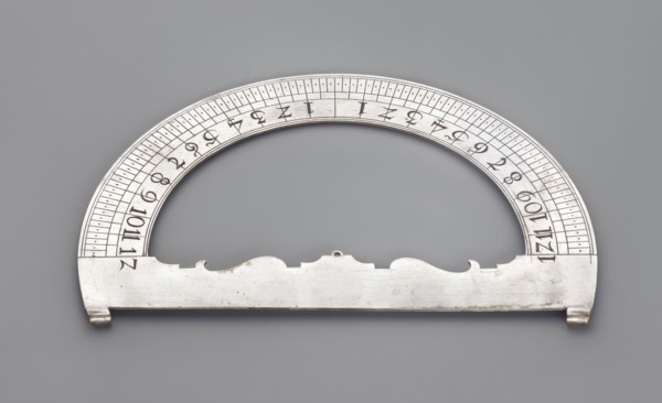 Protractor, acanthus ornament, measuring instrument. Protractor made of silver-plated brass, ca.