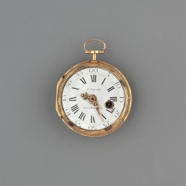 Pocket watch by Daniel Schepcke fl. 1765–1775. Gold case engraved with a bouquet of flowers and a