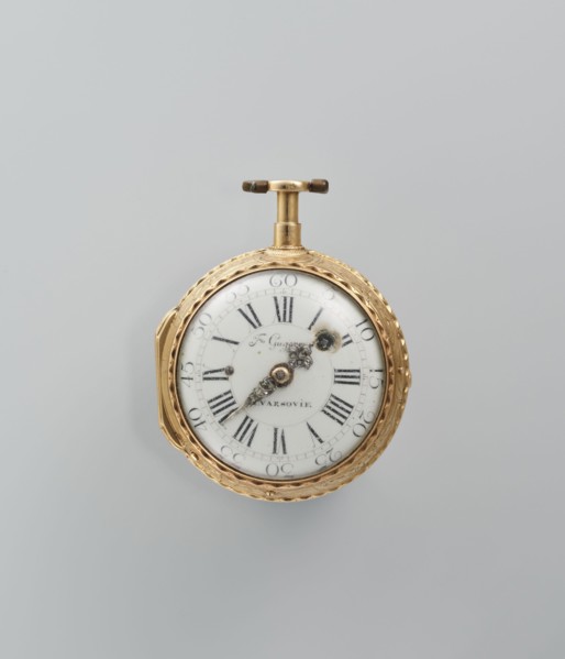 Pocket watch by Franciszek Gugenmus 1740–1820, watchmaker. Pocket watch in a gold case depicting