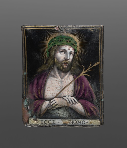 Plaque with a depiction of Christ - Ecce Homo, painted enamel, Ecce homo iconographic. Rectangular,