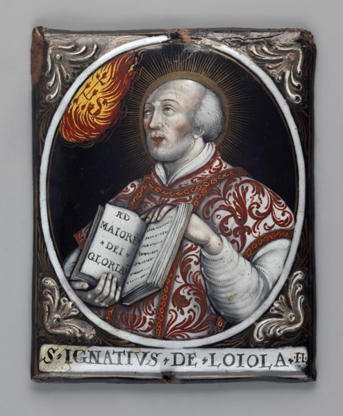 Rectangular enamelled plaque with a medallion image of Saint Ignatius of Loyola founder of the