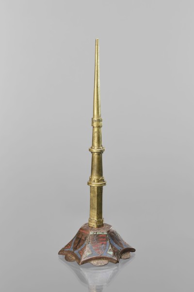 Candlestick, enamel; on a hexagonal base tapering toward the top with a shaft; on each side a coat