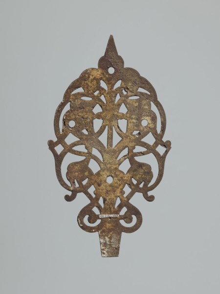 hinge end for a chest, fittings, hinge end from a pair, in the form of an openwork rounded plaque
