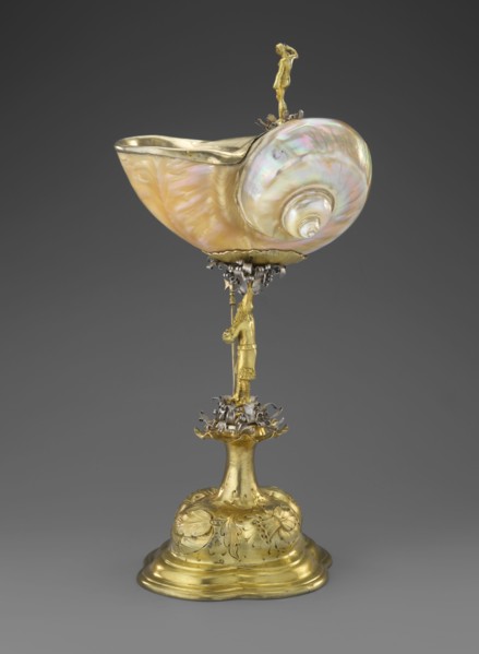 Nautilus Cup. Shell cup on a four-part profiled foot that transitions into a knobbed foot decorated