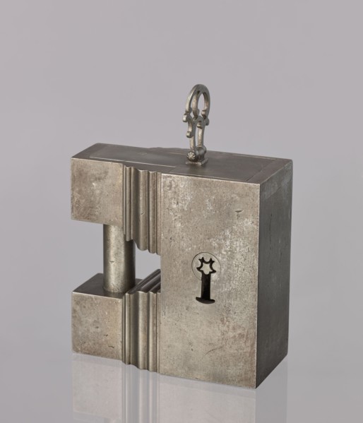 Padlock, 19th century. A padlock in the shape of a cuboid, the upper part topped with a kind of