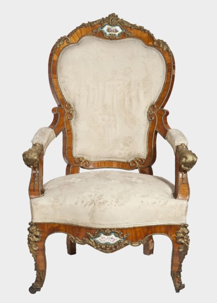 Armchair, provenance unknown. Neo-Rococo style, 1850–1870, France. Upholstered armchair backrest,