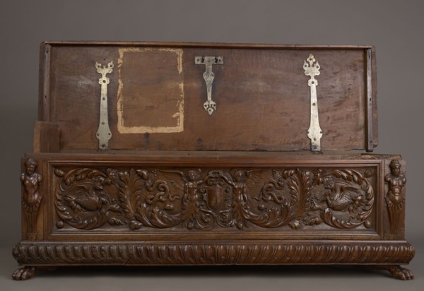 Chest, repossession provenance noted, walnut. Cuboid carved storage chest, mid-16th century, Italy,